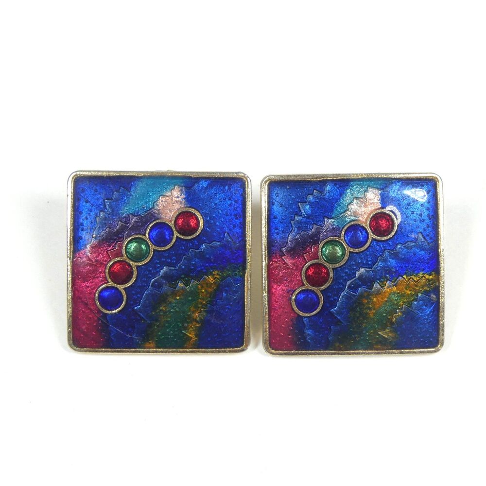 Rainbow Abstract Enamel Square Earrings Vintage 1980s Bright Blue Pink Green